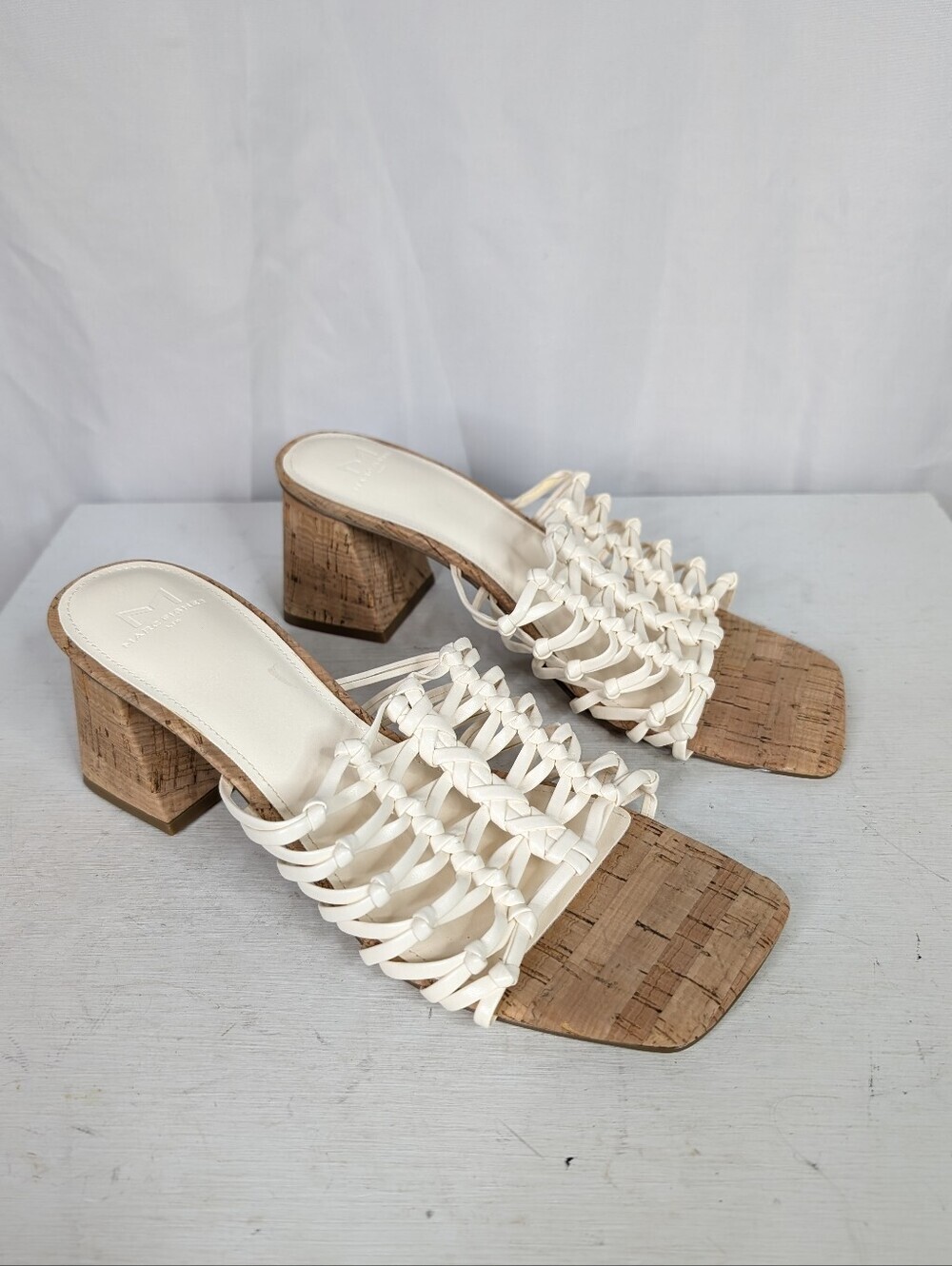 Marc Fisher Colica Woven Block Heel Cork White Sandals - Size 9